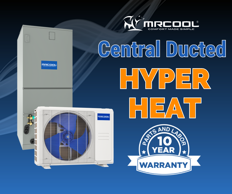 Hyper Heat Central Ducted Air heating and cooling system comes with an indoor Air Handler and an outdoor Condenser.